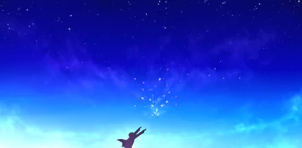 HD anime desktop wallpaper featuring Akihito Kanbara from Beyond the Boundary reaching toward glowing lights against a starry blue night sky.