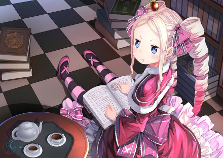 Beatrice from Re:ZERO - Starting Life in Another World sits among books, reading with a cup of tea, in this vibrant HD desktop wallpaper.