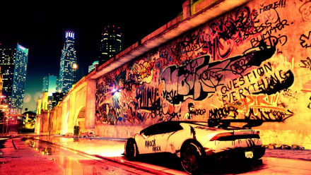 HD PC wallpaper featuring a Lamborghini Huracan in a neon-lit cityscape from the video game Need For Speed (2015), showcasing vibrant graffiti and urban night racing vibes.
