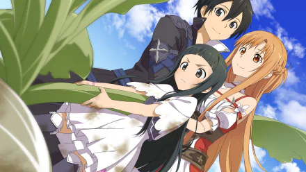 HD desktop wallpaper featuring Yui, Kirito, and Asuna Yuuki from the anime Sword Art Online, standing together outdoors with a blue sky background.