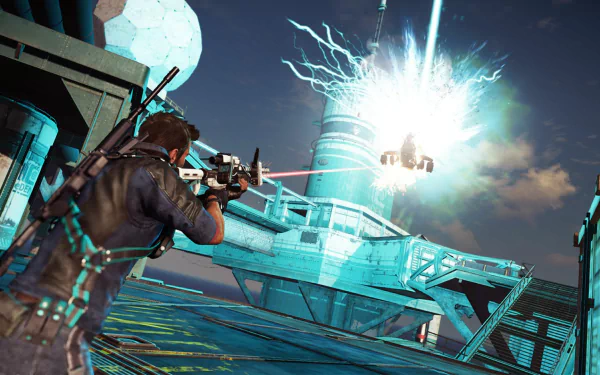 Rico Rodriguez from Just Cause 3: Bavarium Sea Heist aims his weapon at an explosive device on a futuristic platform in this HD PC desktop wallpaper.