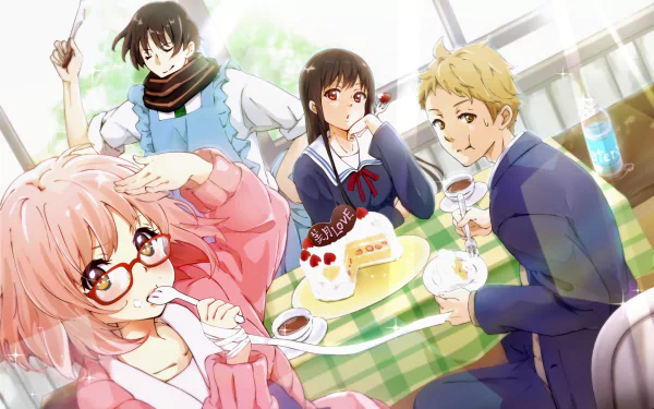 A vibrant HD wallpaper featuring characters Hiroomi Nase, Mitsuki Nase, Akihito Kanbara, and Mirai Kuriyama from the anime Beyond the Boundary, enjoying a cheerful gathering with food.