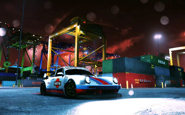HD PC desktop wallpaper: Porsche 911 RSR in Need for Speed (2015) — racing livery parked in a neon-lit container port at night, video game scene.