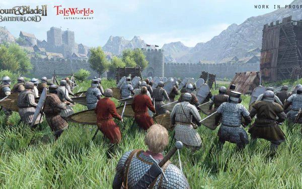 HD PC desktop wallpaper from the video game Mount & Blade II: Bannerlord, depicting a medieval battlefield with armored soldiers preparing for combat near a castle.