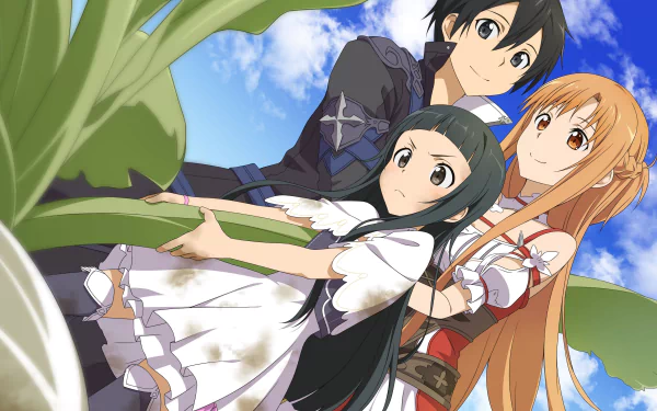 HD desktop wallpaper featuring Yui, Kirito, and Asuna Yuuki from the anime Sword Art Online, standing together outdoors with a blue sky background.