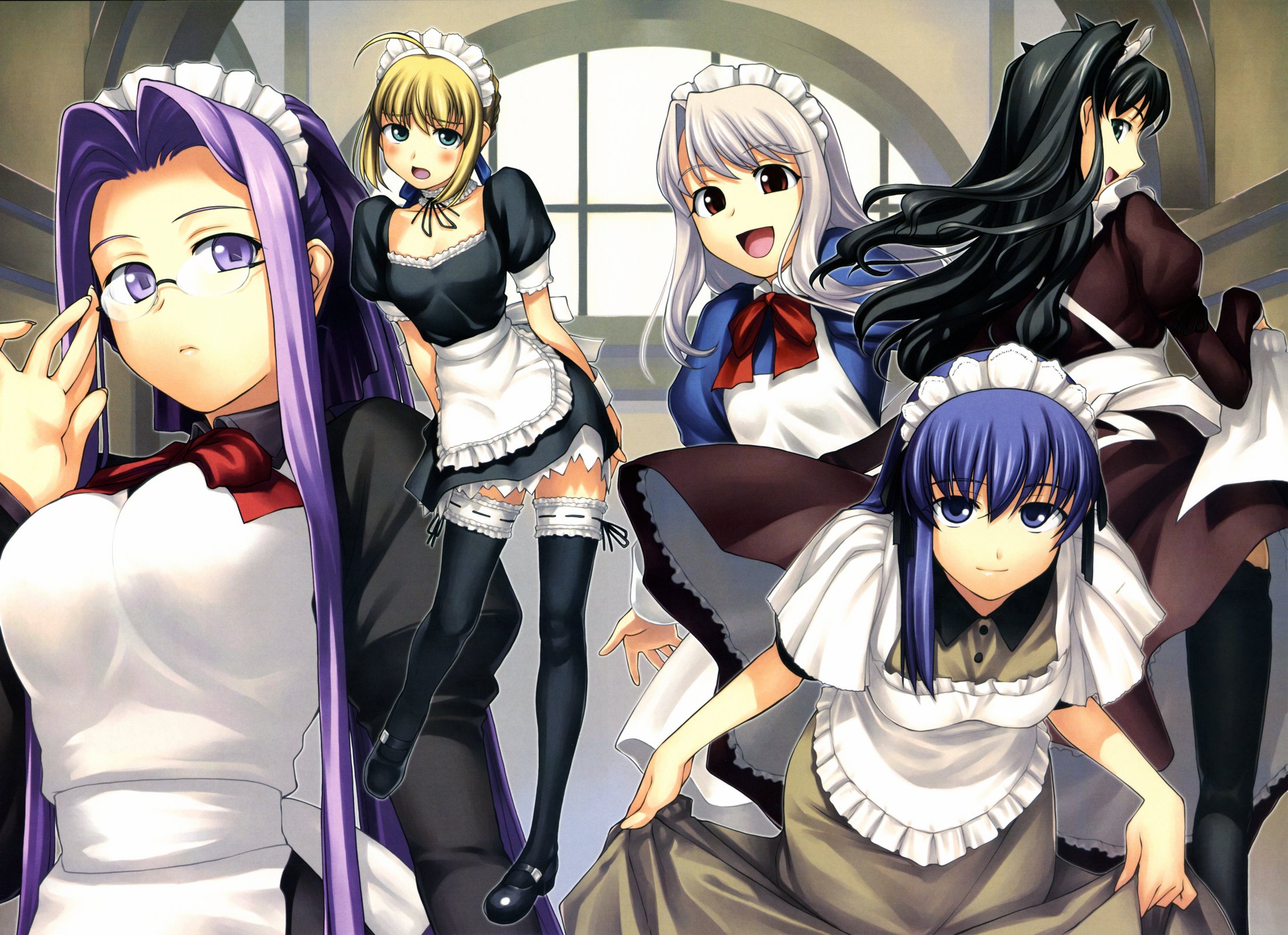 Fate series characters Illyasviel, Saber, Rin, Sakura, and Rider team up in this HD desktop wallpaper.