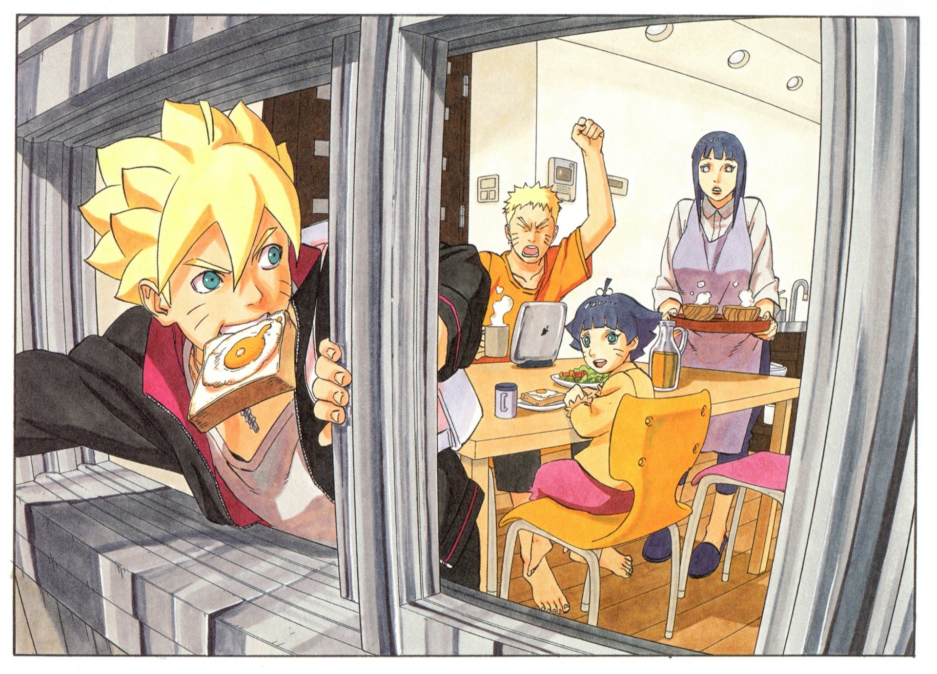 HD wallpaper featuring Naruto Uzumaki, Hinata Hyuga, Himawari Uzumaki, and Boruto Uzumaki in an anime style. Boruto rushes out with toast, while the family enjoys breakfast. From the series Boruto: Naruto Next Generations.