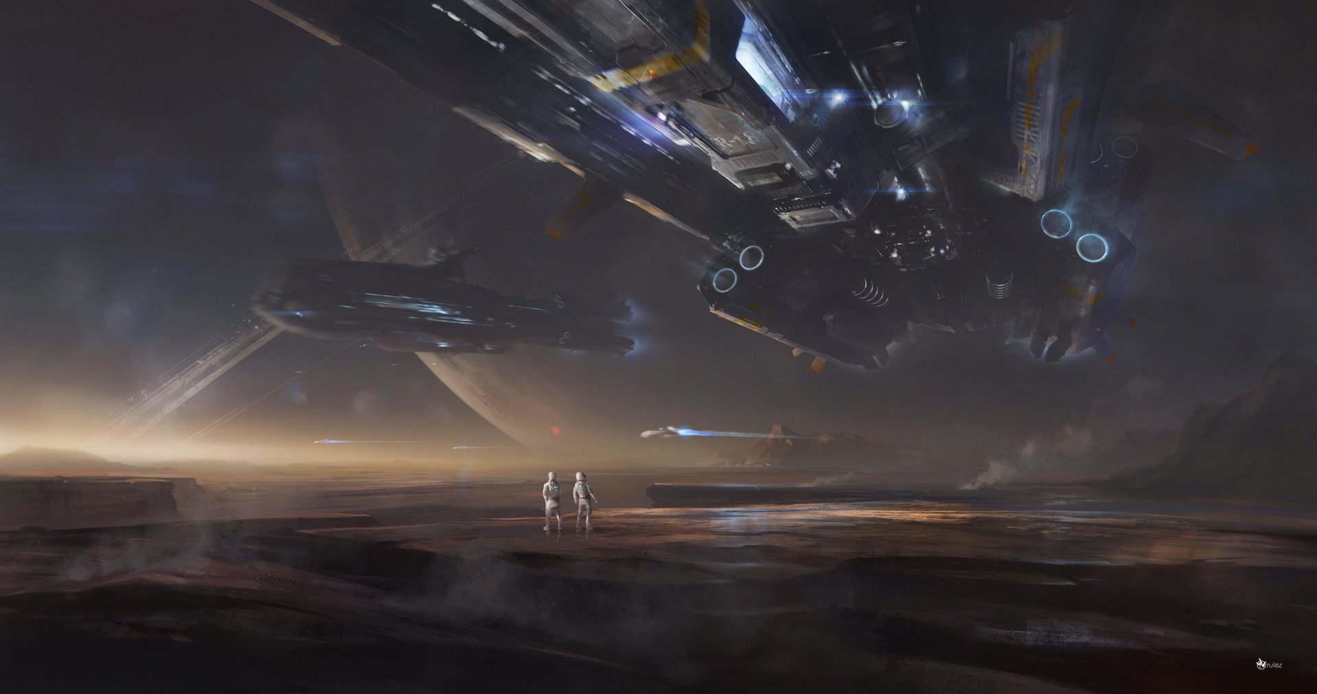 HD desktop wallpaper featuring two astronauts standing on barren terrain with a colossal spaceship hovering overhead, set in a Sci-Fi universe.