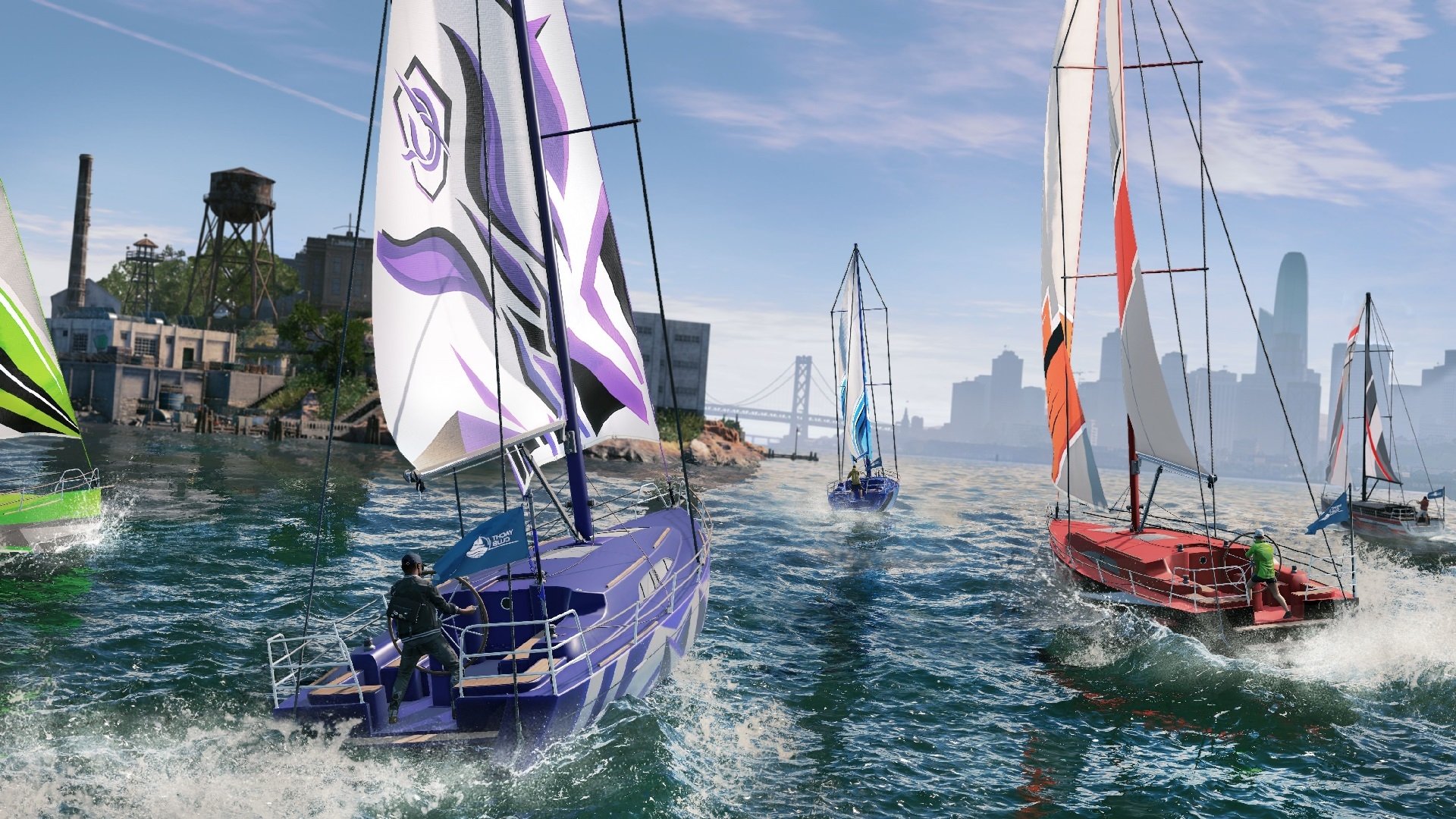 A vibrant HD wallpaper from Watch Dogs 2 featuring sailboats navigating the waves, with a city skyline in the background, capturing the essence of adventure and exploration.