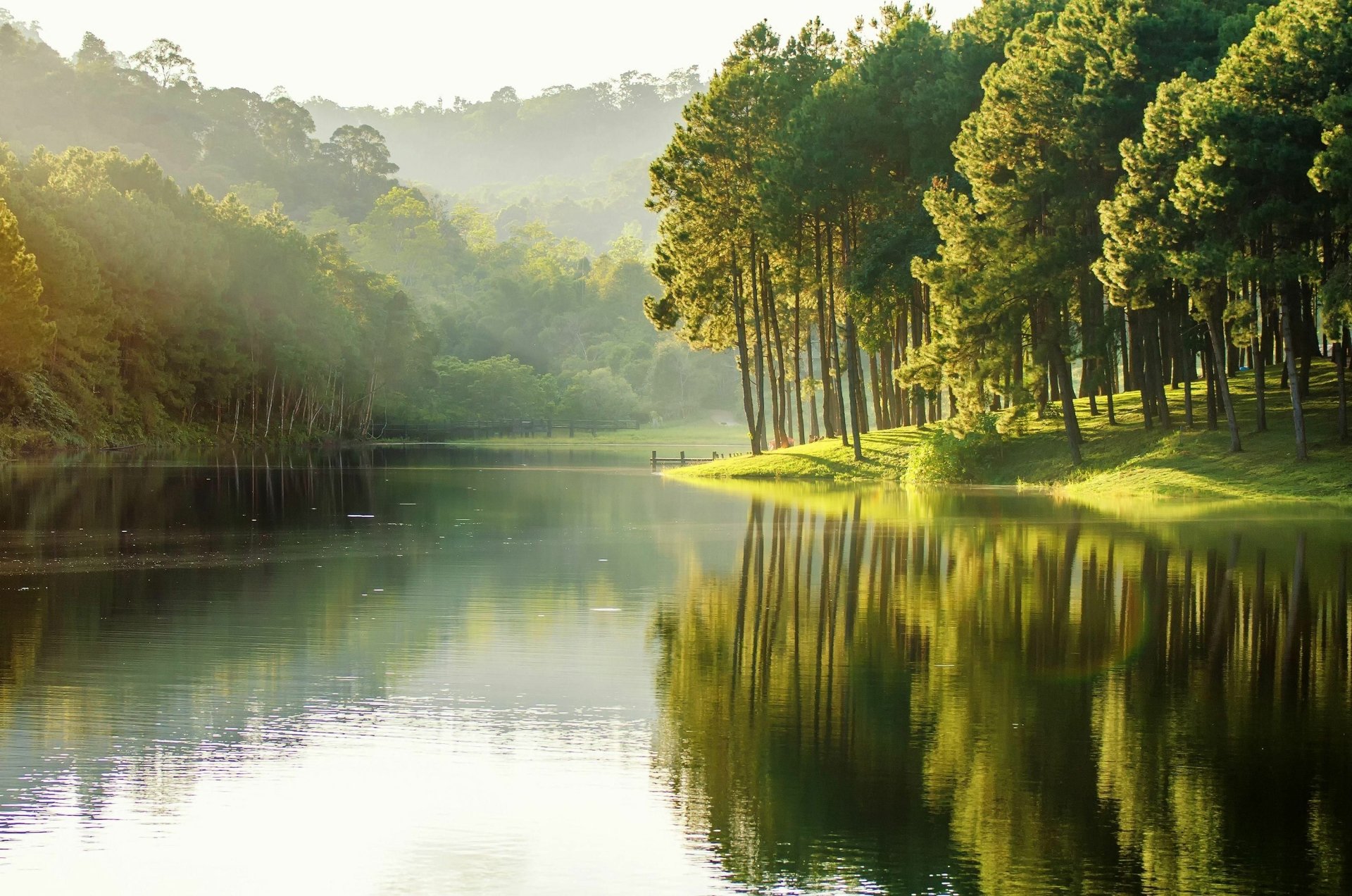 HD PC desktop wallpaper featuring a serene lake with calm water reflecting a sunlit forest and misty hills in the background, showcasing nature's tranquility.