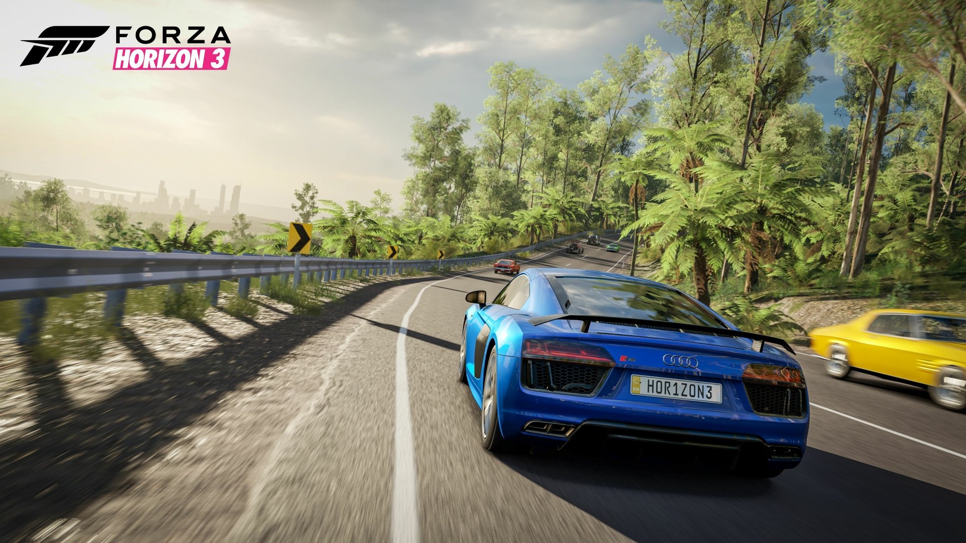 4K Ultra HD Forza Horizon 3 PC wallpaper featuring a blue sports car racing on a winding road surrounded by lush green trees under a cloudy sky.