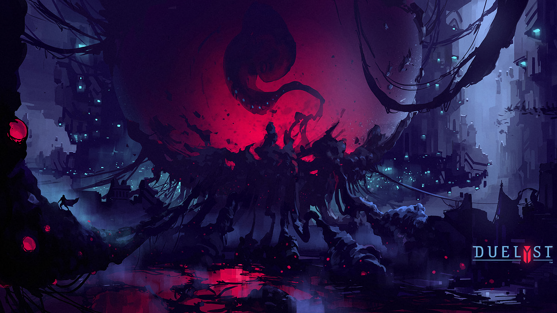 HD PC desktop wallpaper for the video game Duelyst — a dark, otherworldly battlefield dominated by a crimson, tentacled orb looming over silhouetted ruins, punctuated by blue lights and reflective pools.