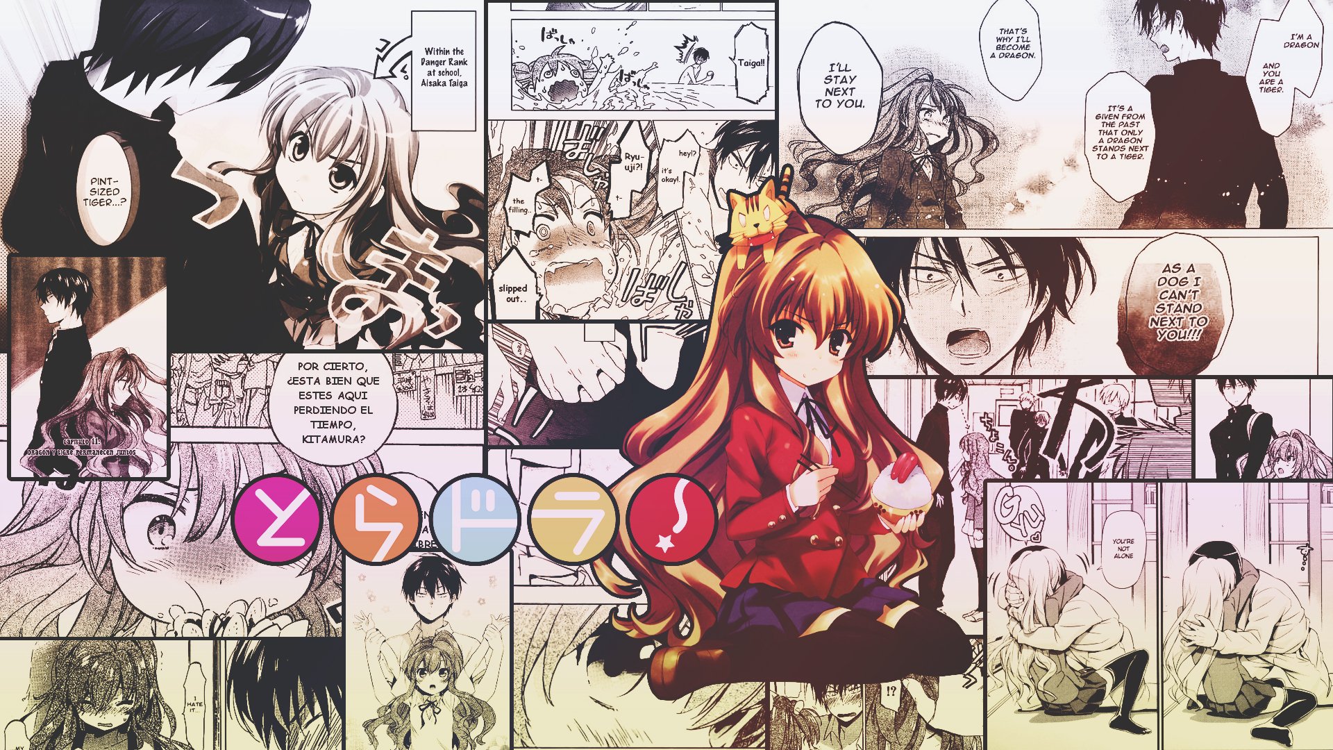 HD desktop wallpaper featuring Taiga Aisaka from the anime Toradora!, surrounded by comic-style panels and dialogue, showcasing her dynamic personality and relationships.