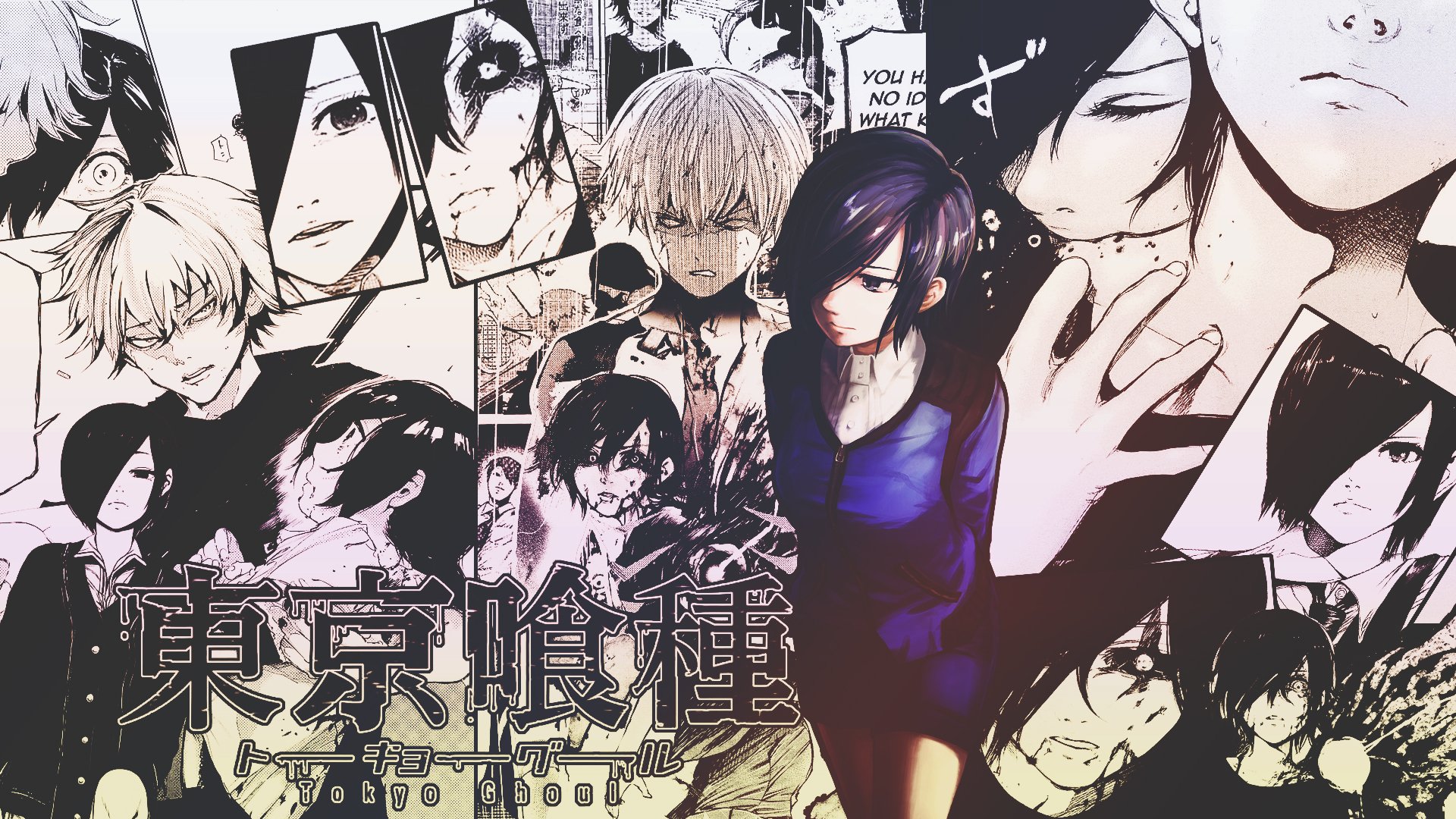 A striking HD wallpaper featuring Touka Kirishima from Tokyo Ghoul, surrounded by iconic characters and panels from the anime's intense storyline.