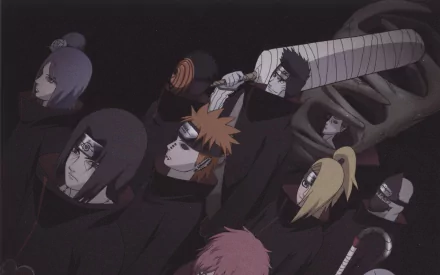 HD desktop wallpaper featuring characters from the anime Naruto, showcasing members of the Akatsuki: Sasori, Deidara, Zetsu, Kisame Hoshigaki, Obito Uchiha, Konan, and Pain.
