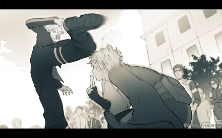 HD desktop wallpaper featuring Mitsuki and Boruto Uzumaki from the anime Boruto, showcasing an action scene with Mitsuki mid-kick and Boruto preparing to counter, set against a building and onlookers.