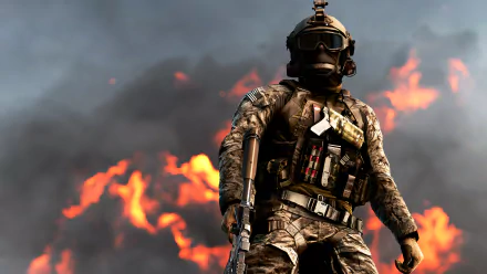 A Battlefield 4 soldier stands in full combat gear amid intense flames, captured in a 4K Ultra HD video game wallpaper for PC desktop backgrounds.