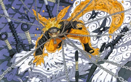 HD desktop wallpaper featuring Naruto Uzumaki from the anime Naruto. Naruto is depicted in a dynamic pose with chains and knives in the background, showcasing intense action and vivid colors.