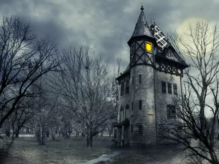 A dark, gothic castle stands hauntingly tall against a stormy sky, its lone illuminated window casting an eerie glow amidst the barren trees. Ideal for a spooky atmosphere.