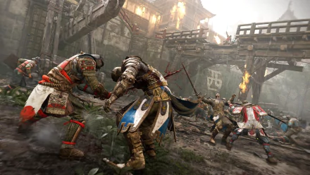 HD PC desktop wallpaper depicting an intense battle scene from the video game For Honor, featuring armored warriors clashing in a medieval setting.