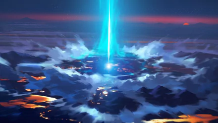 HD PC desktop wallpaper showcasing a dramatic glowing beam over a dark, misty landscape from the video game Duelyst.
