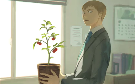 A serene HD wallpaper featuring Arataka Reigen from the anime Mob Psycho 100, standing in an office holding a potted plant with small red fruits.