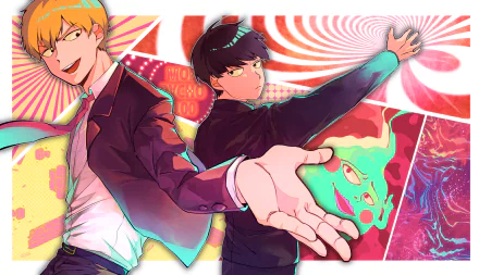 A vibrant HD wallpaper featuring Ekubo, Arataka Reigen, and Shigeo Kageyama from Mob Psycho 100, showcasing dynamic poses against a colorful abstract background.