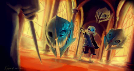 HD desktop wallpaper featuring Sans from the video game Undertale. The image depicts Sans in an action pose with glowing blue eyes and Gaster Blasters floating around in a dimly lit hallway.