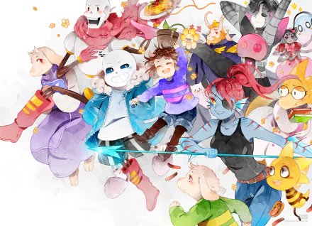 HD desktop wallpaper featuring characters from the video game Undertale, showcasing a colorful and dynamic array of the game's iconic figures in an energetic and joyful composition.