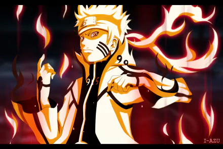 HD PC desktop wallpaper featuring Naruto Uzumaki from the anime Naruto, depicted with glowing energy and fiery effects surrounding him.