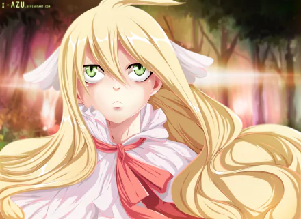 A HD desktop wallpaper featuring Mavis Vermilion from the anime Fairy Tail, depicting her with long, flowing hair and striking green eyes, set against a mystical forest background.