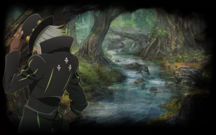 HD PC desktop wallpaper featuring Zaveid from the anime Tales of Zestiria the X, standing in a lush, serene forest by a flowing stream.
