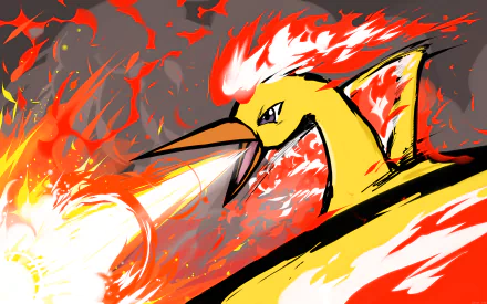 A vibrant HD desktop wallpaper featuring Moltres, the fiery Pokémon, unleashing flames against a dramatic background, capturing the essence of anime and the Pokémon universe.