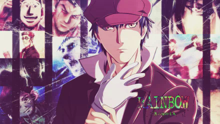 Anime-themed HD wallpaper featuring characters from Nisha Rokubou no Shichinin, showcasing a dramatic scene with a central figure in a stylish pose against vibrant backgrounds.