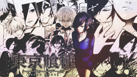 A striking HD wallpaper featuring Touka Kirishima from Tokyo Ghoul, surrounded by iconic characters and panels from the anime's intense storyline.