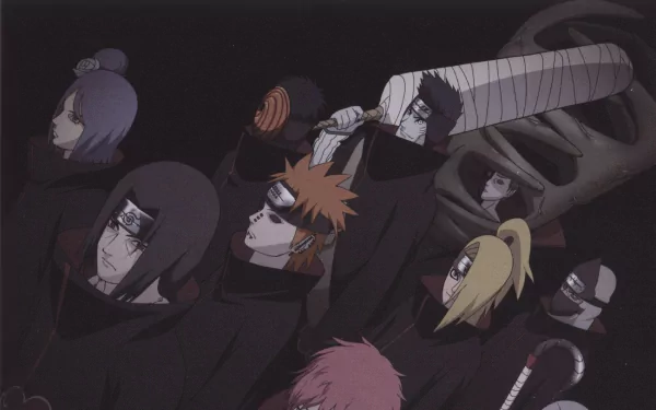 HD desktop wallpaper featuring characters from the anime Naruto, showcasing members of the Akatsuki: Sasori, Deidara, Zetsu, Kisame Hoshigaki, Obito Uchiha, Konan, and Pain.