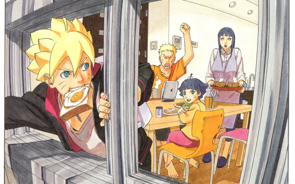 HD wallpaper featuring Naruto Uzumaki, Hinata Hyuga, Himawari Uzumaki, and Boruto Uzumaki in an anime style. Boruto rushes out with toast, while the family enjoys breakfast. From the series Boruto: Naruto Next Generations.