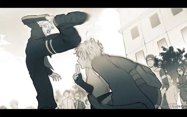 HD desktop wallpaper featuring Mitsuki and Boruto Uzumaki from the anime Boruto, showcasing an action scene with Mitsuki mid-kick and Boruto preparing to counter, set against a building and onlookers.