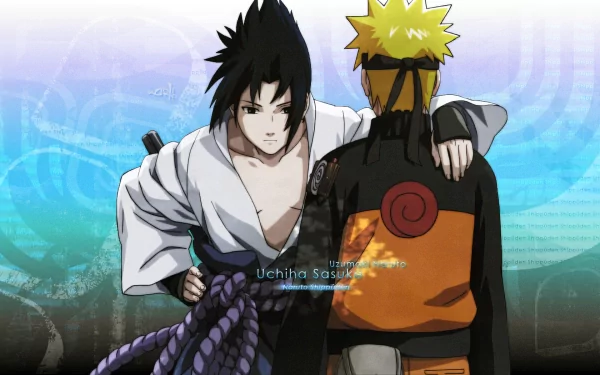 HD desktop wallpaper featuring Sasuke Uchiha and Naruto Uzumaki from the anime Naruto, with Sasuke placing his hand on Naruto's shoulder against a blue and white background.