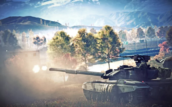 Battlefield 4 tank rolls through a dusty field at dawn in a dramatic video game scene — 5K Ultra HD PC desktop wallpaper/background.