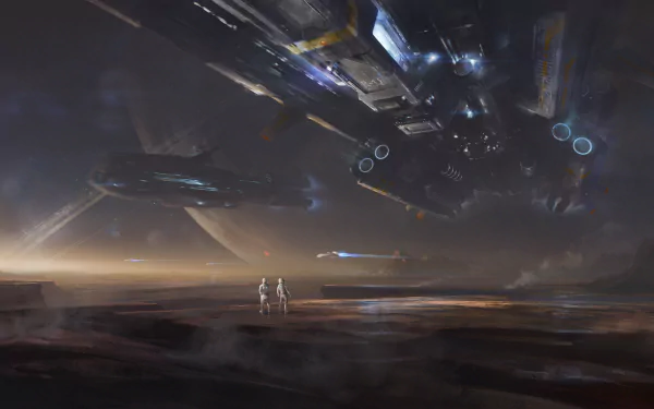 HD desktop wallpaper featuring two astronauts standing on barren terrain with a colossal spaceship hovering overhead, set in a Sci-Fi universe.