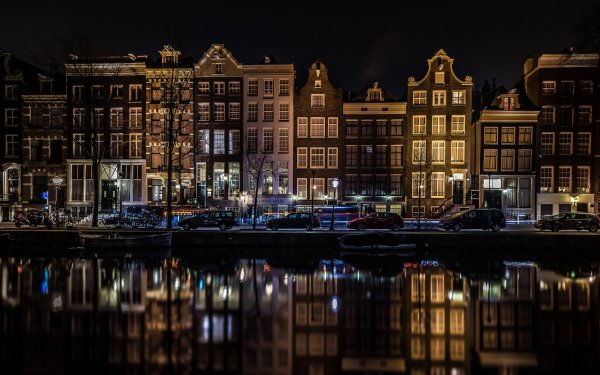 Man Made Amsterdam Cities Netherlands Canal Night House Reflection Light HD Wallpaper | Background Image