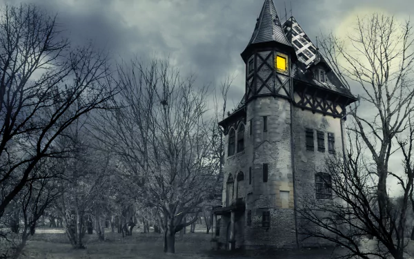 A dark, haunted gothic castle stands amidst leafless trees under a stormy sky, glowing faintly with a single yellow-lit window in this HD PC desktop wallpaper.