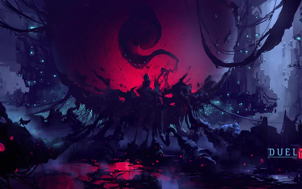 HD PC desktop wallpaper for the video game Duelyst — a dark, otherworldly battlefield dominated by a crimson, tentacled orb looming over silhouetted ruins, punctuated by blue lights and reflective pools.