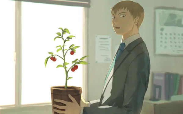 A serene HD wallpaper featuring Arataka Reigen from the anime Mob Psycho 100, standing in an office holding a potted plant with small red fruits.