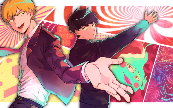 A vibrant HD wallpaper featuring Ekubo, Arataka Reigen, and Shigeo Kageyama from Mob Psycho 100, showcasing dynamic poses against a colorful abstract background.