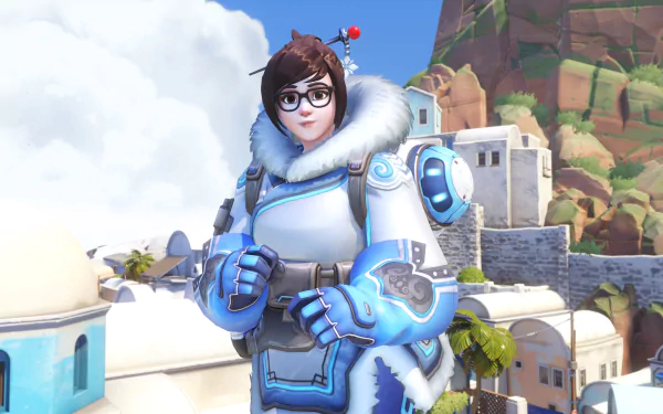 4K Ultra HD PC desktop wallpaper featuring Mei from the video game Overwatch in her iconic winter outfit against a bright, scenic background.