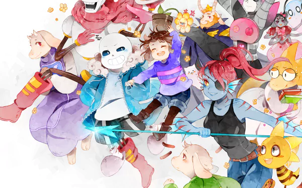 HD desktop wallpaper featuring characters from the video game Undertale, showcasing a colorful and dynamic array of the game's iconic figures in an energetic and joyful composition.
