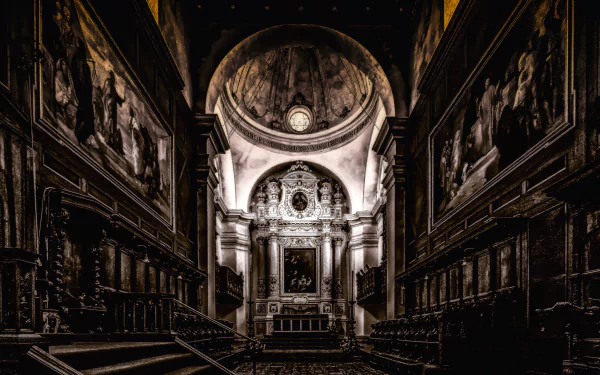 HD PC desktop wallpaper: interior of the Cathedral of Syracuse — dramatic cathedral architecture with an ornate dome, altar and carved religious details in moody lighting.