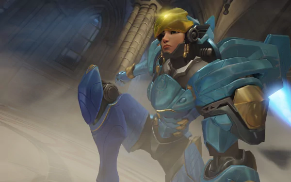 4K Ultra HD PC wallpaper featuring Pharah from the video game Overwatch in her iconic armored suit, poised in action within a dimly lit environment.